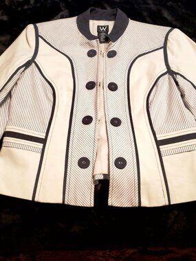 Work to Weekend Jacket, Size 8, Off White with Blue Jean Trim